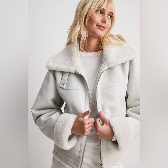 New (NWT) Frosty White Faux Leather and Shearling Jacket, size 44 (US size 14) - Picture 1 of 15